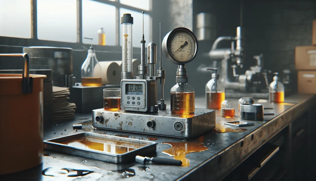Weathered viscometer and digital pH meter with coolant residue on a scratched stainless steel workbench, highlighting critical lubricant parameters for distributors.