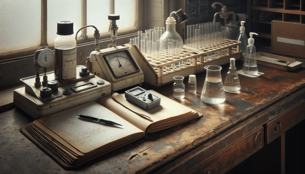 pH meter and conductivity meter on a lab bench for testing hand sanitizer and disinfectant formulations.