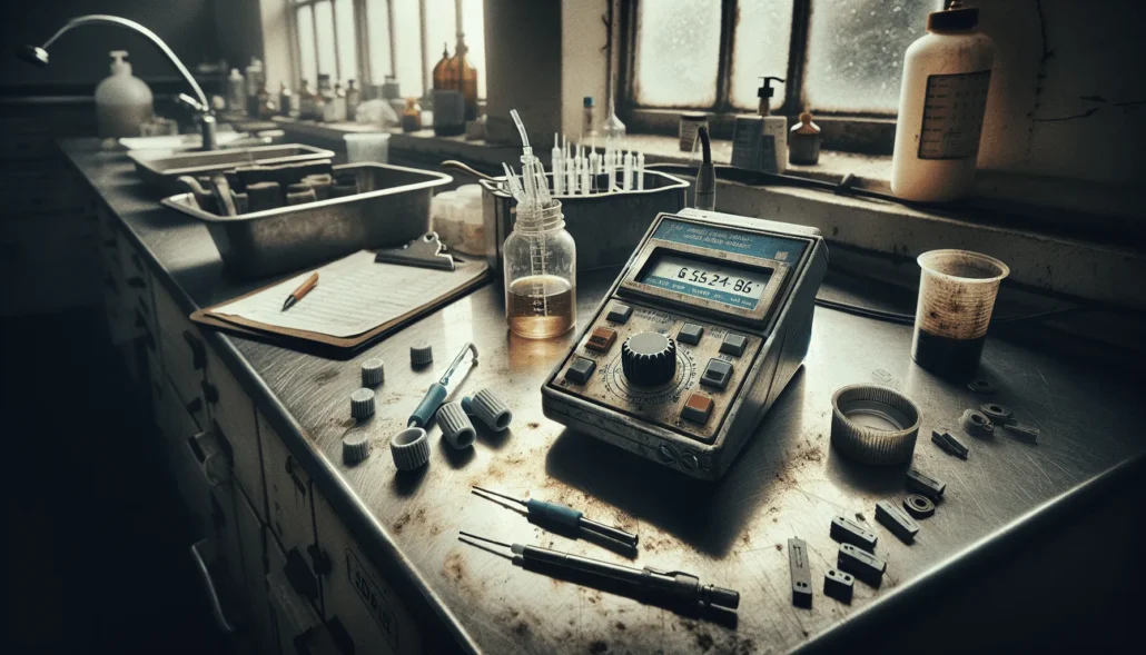 Worn multi-parameter meter on scratched countertop, illustrating time and cost savings in QC sanitizer testing.