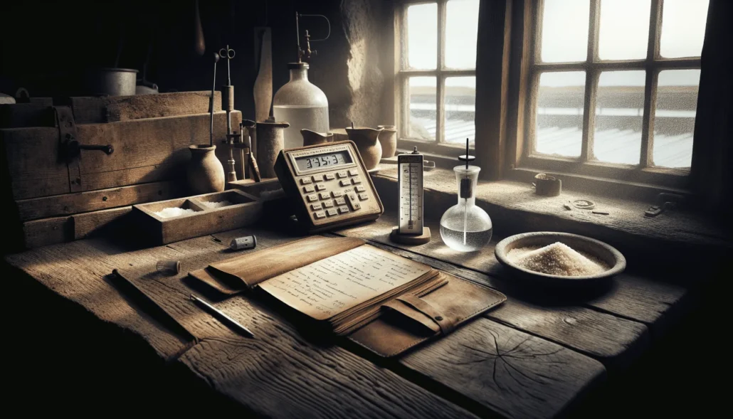 Weathered wooden table at a traditional salt farm with a multiparameter water quality meter measuring seawater and salt crystals, alongside a logbook, hydrometer, and thermometer.