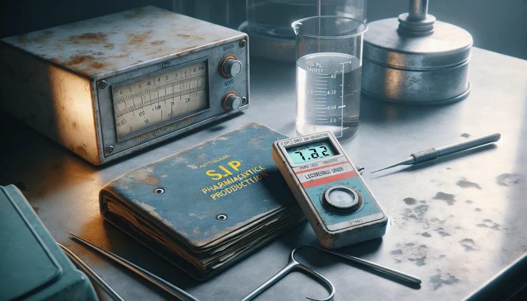 A pH meter reading 7.2 next to a CPPKB/SNI SOP binder and antiseptic solution in an authentic pharmaceutical production workspace.