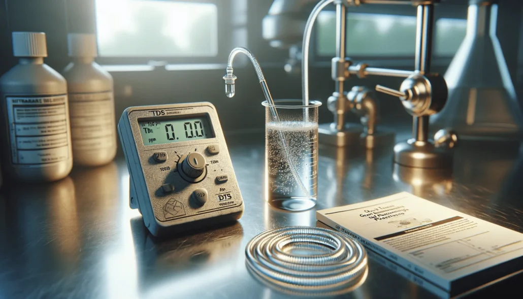 A TDS meter displaying <10 ppm next to a beaker of ultrapure water on a lab bench, demonstrating the standard for demineralized water in sterile fluid and wet tissue production.