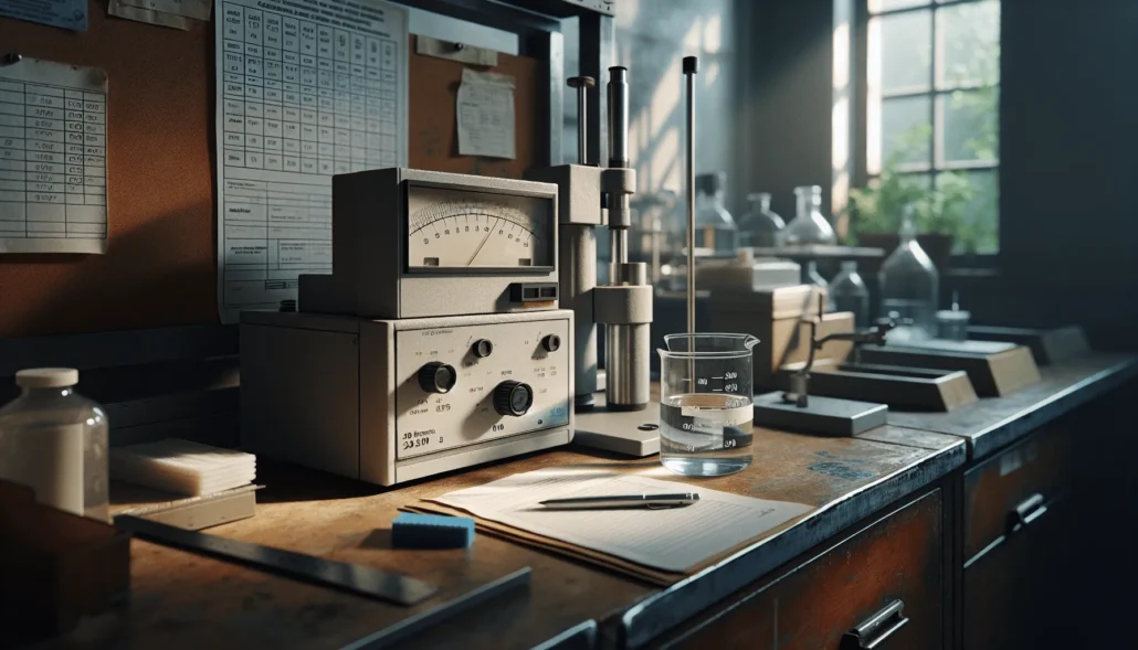 Colorimeter on a lab bench analyzing water clarity for industrial health quality control, with calibration charts in the background.