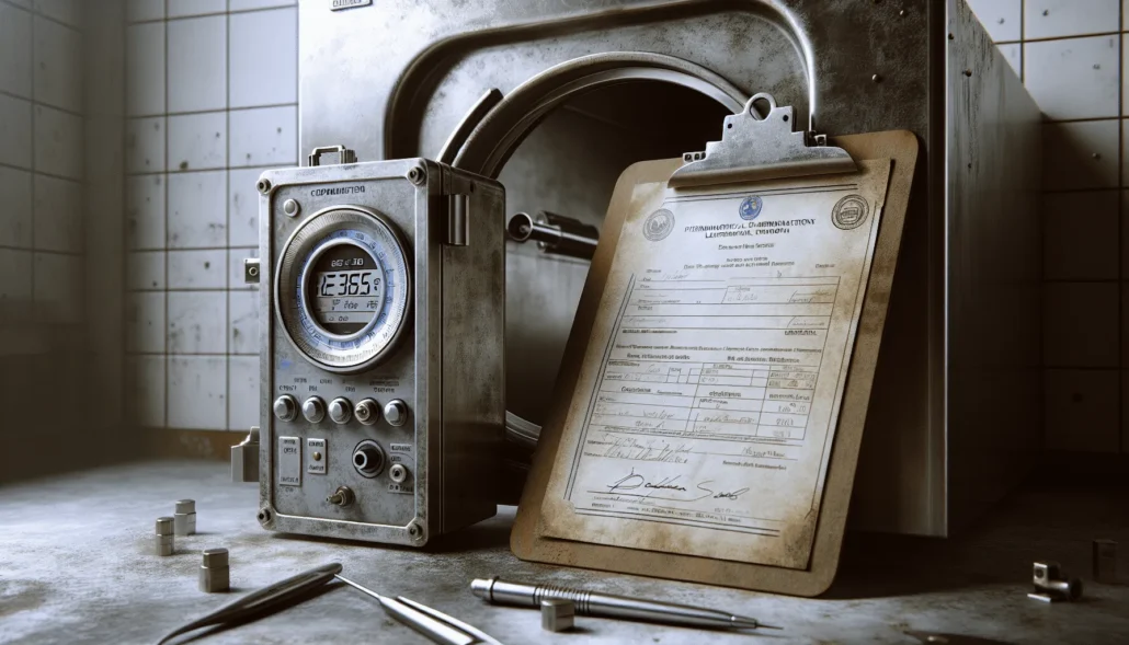 High-precision digital thermometer for pharmaceutical sterilization on a calibration certificate beside an autoclave in a detailed laboratory workspace.