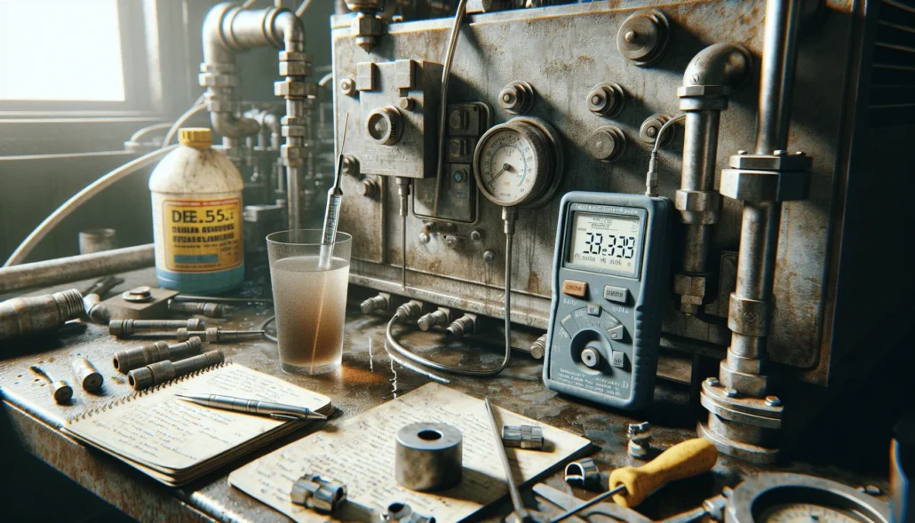 Teknisi mengukur TDS air pendingin tertutup menggunakan TDS meter dengan wadah Shell coolant dan panel sistem pendingin terbuka di latar belakang.