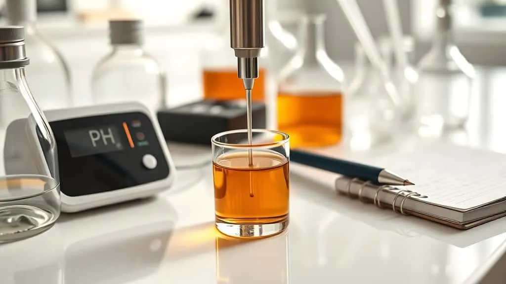pH meter probe testing amber perfume concentrate in a laboratory beaker, with digital display and lab notebook showing quality control sampling process.