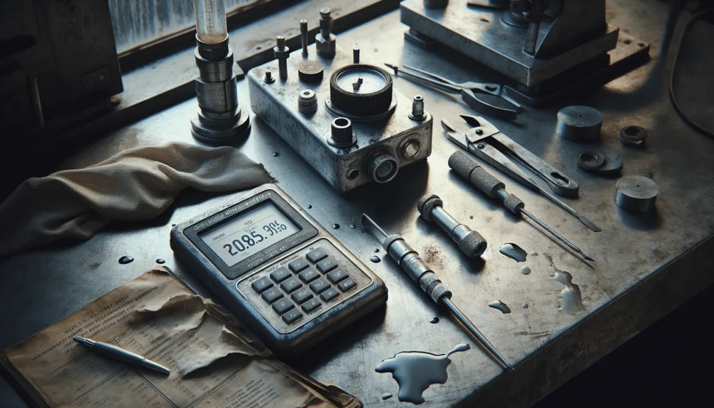Worn industrial refractometer and digital viscometer on stainless steel workbench with lubricating oil droplets and oil-stained cloth for QC lubricant and industrial fluid testing.