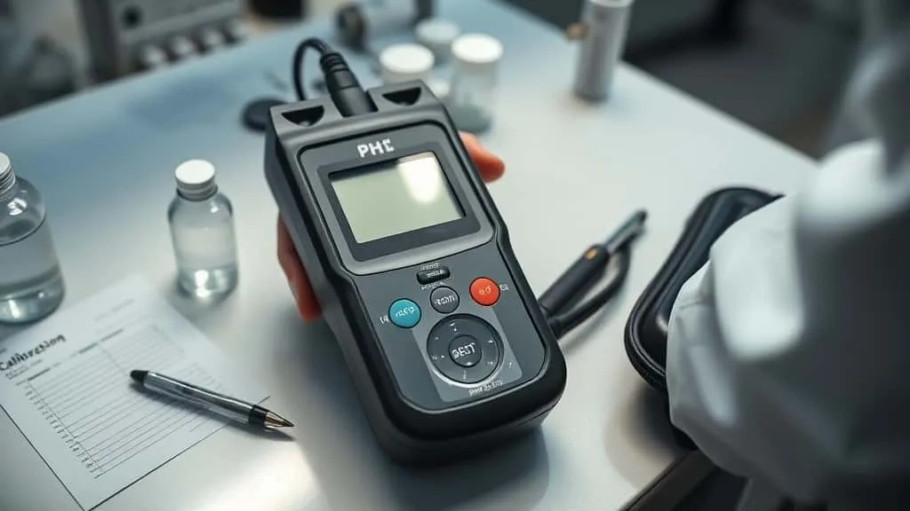 Quality control technician calibrating pH/temperature tester probe in buffer solution with digital calibration log sheet on laboratory counter.