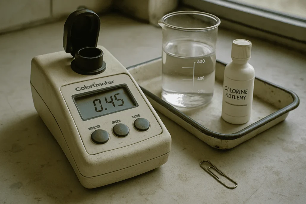 Close-up of a worn colorimeter showing a 0.45 mg/L reading on a lab counter, with a beaker of clear water and chlorine reagent, illustrating chlorine calibration for PDAM operators.