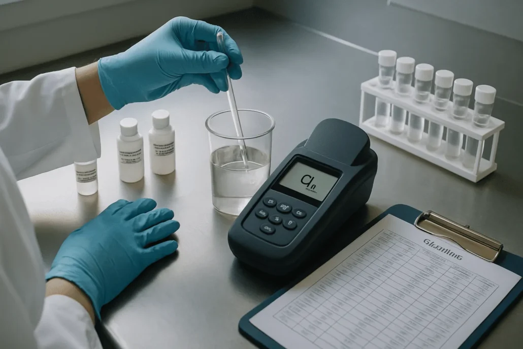 Water quality analyst testing chlorinated water with pipette and digital colorimeter displaying Cl₂ reading in clean laboratory workspace