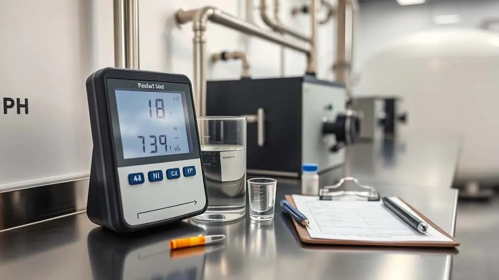 pH meter dan thermometer memonitor suhu serta pH air pada instalasi pengolahan air.