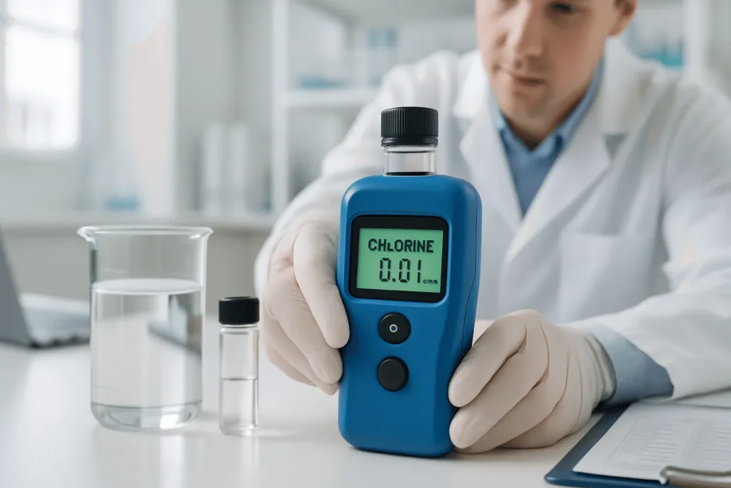 Teknisi laboratorium menyesuaikan colorimeter klorin genggam dengan layar digital menunjukkan angka 0,01 ppm di meja kerja bersih.