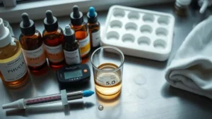 pH meter probe dipping into a beaker of perfume base with a digital reading of 5.0, surrounded by lab equipment for optimal fragrance stability.
