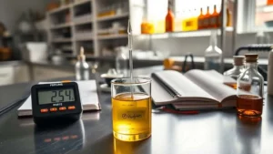 Pengukuran pH sampel cairan kuning transparan dengan pH meter dan termometer digital di laboratorium parfum bersih