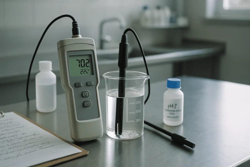 pH meter dan probe suhu di beaker kaca untuk pengujian kualitas air PDAM, dengan clipboard dan botol kalibrasi di laboratorium.