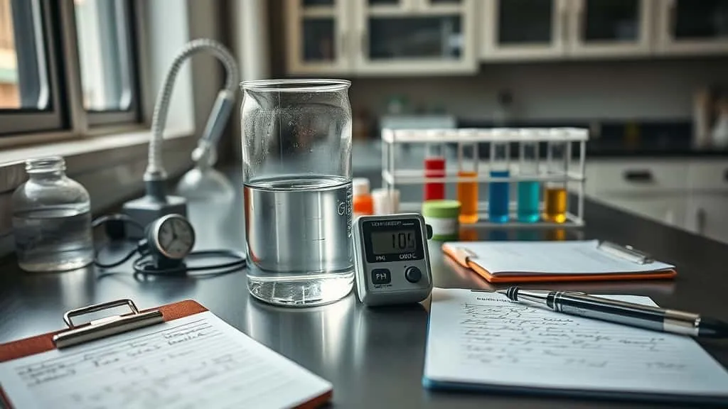 Beaker of water, digital pH meter, thermometer, and chlorine test samples on a lab bench, illustrating PDAM water quality parameters for suhu, pH, and sisa klorin.