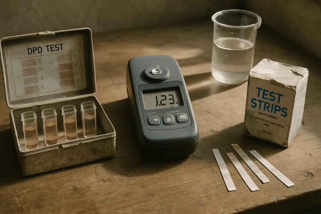 Tiga metode uji klorin PDAM—DPD test kit, colorimeter stainless steel, dan strip test—terlihat di meja kerja kayu dengan cahaya pagi alami.
