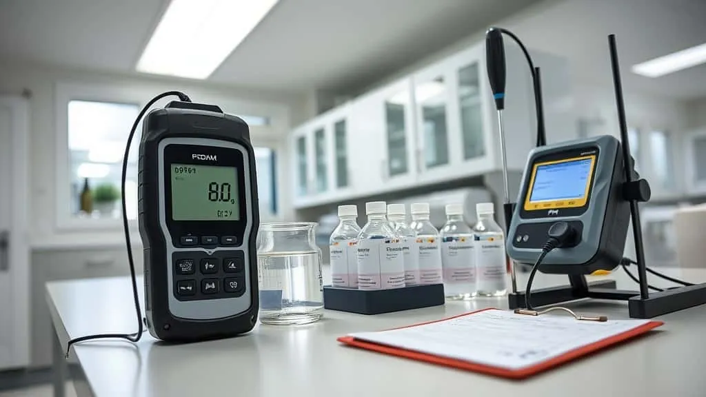 Perbandingan pH meter portable rugged di kiri dan benchtop di kanan untuk pengukuran kualitas air di laboratorium PDAM.