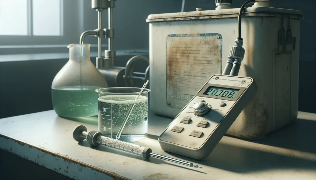 Digital pH meter and coolant beaker on industrial workshop surface, illustrating coolant pH measurement for corrosion prevention in machinery maintenance
