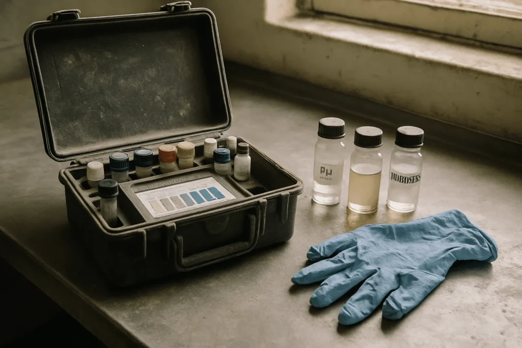 Weathered water testing kit with labeled sample vials on a metal bench, one containing pale yellow liquid, illustrating PDAM chlorine sampling procedures for raw water, disinfection, and customer testing.