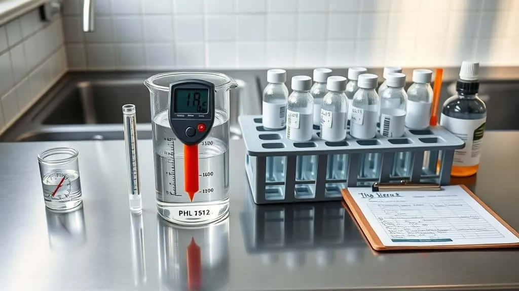 Stainless steel workbench with digital pH meter in glass beaker, floating thermometer, and labeled water sample bottles for PDAM water quality testing.