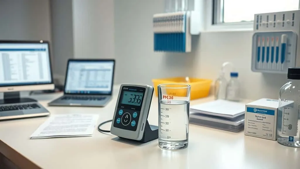 Digital pH meter measuring water sample beside official SNI, Permenkes, and WHO regulation documents in clean laboratory workspace.
