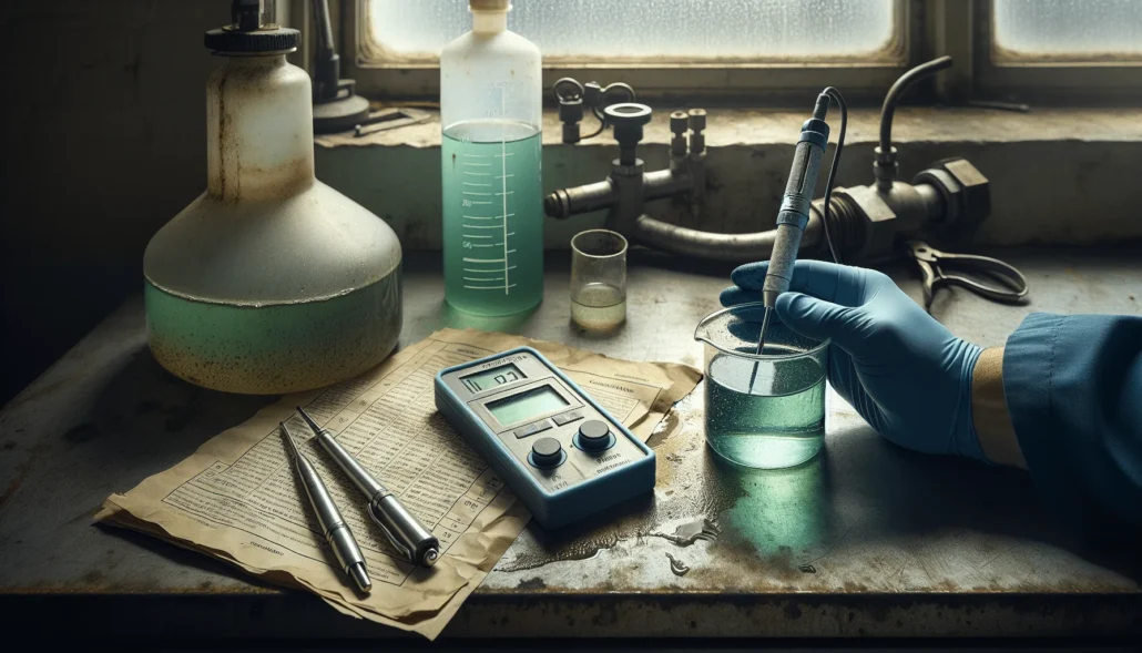 Hand holding pH probe and conductivity meter in cloudy green coolant sample on weathered workbench, with folded ASTM standards document nearby.