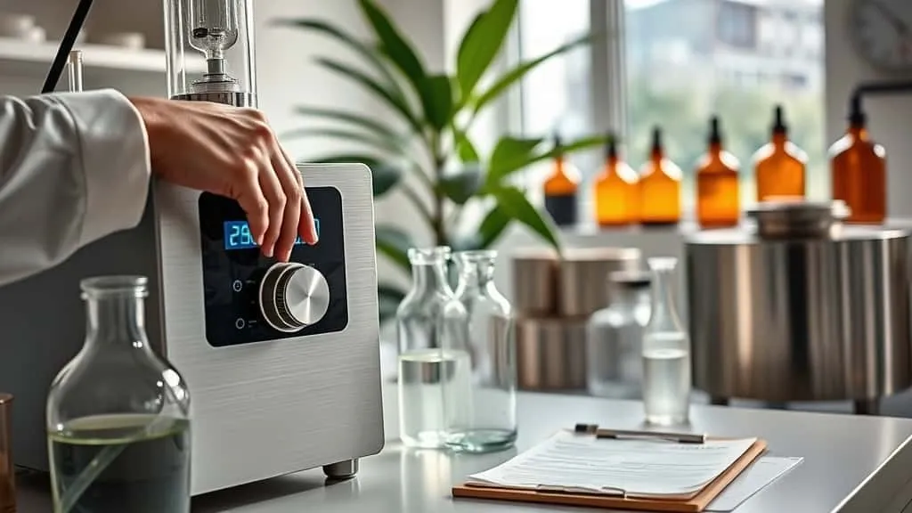 Perfumer adjusting temperature dial on digital distillation apparatus in modern lab with glass beakers and blending vat for precise fragrance contro