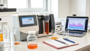 Pakar industri memeriksa sampel air limbah tambang untuk uji COD nikel laterit di laboratorium