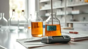 Laporan laboratorium dengan pH meter benchtop digital dan alat ukur handheld untuk pengujian pH parfum skala kecil