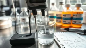 pH calibration process in perfume lab with electrode immersed in beaker and buffer solution bottles set for validation