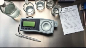 Kalibrasi elektroda konduktivitas meter PDAM di laboratorium pengolahan air bersih.