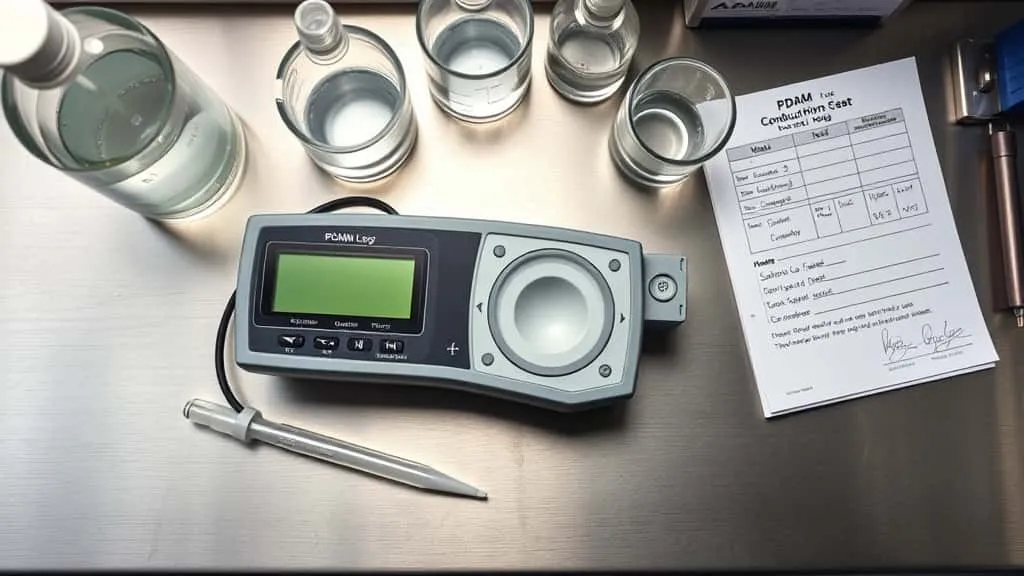Kalibrasi elektroda konduktivitas meter PDAM di laboratorium pengolahan air bersih.
