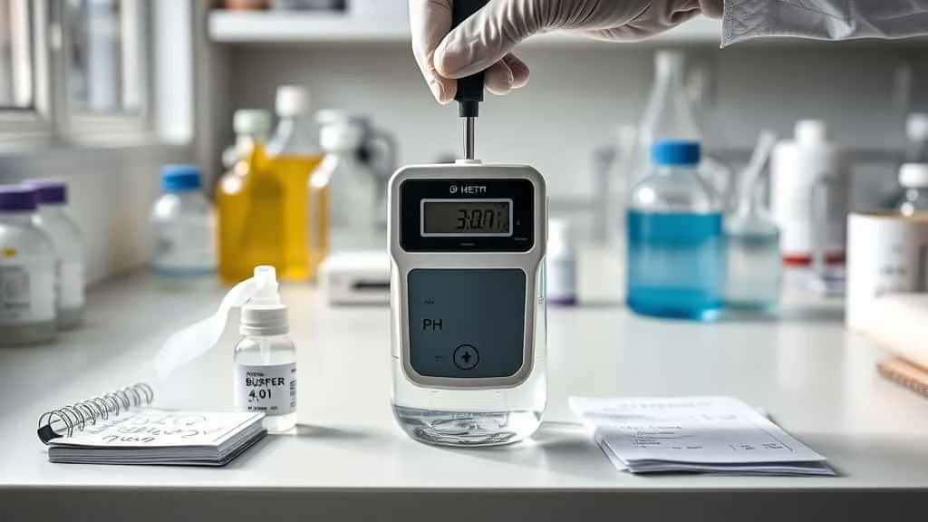 Digital pH meter with flat-surface electrode calibrating in ethanol solution, lab notepad and buffer bottle nearby for perfume pH measurement accuracy.