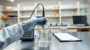 Gloved hand measuring water conductivity with digital meter in beaker for industrial quality control.