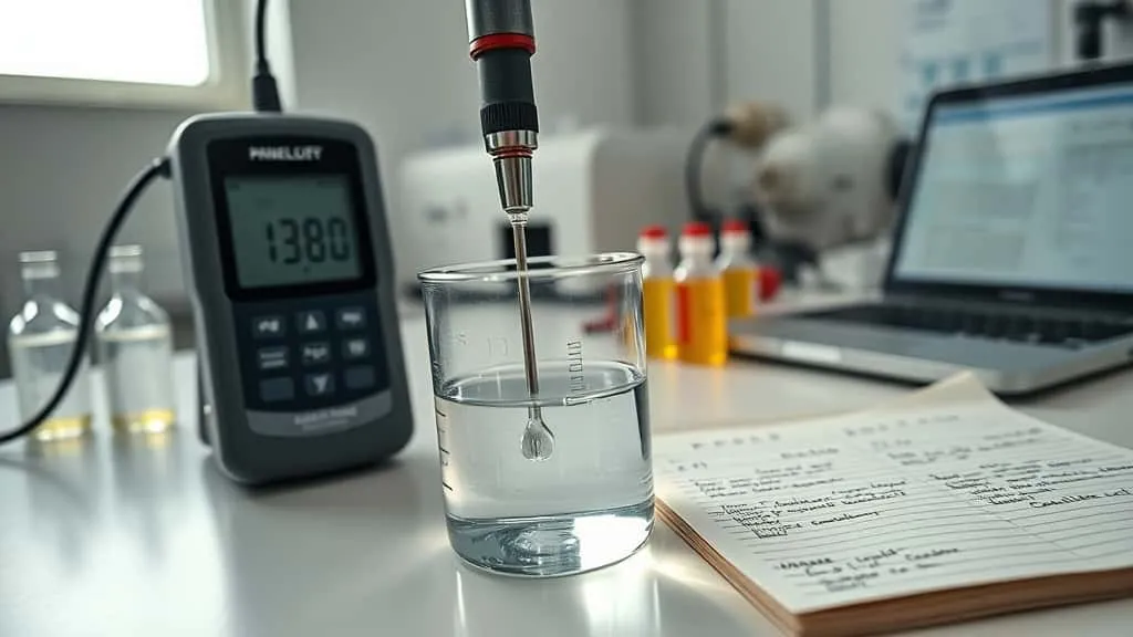 Teknisi PDAM melakukan kalibrasi dan verifikasi konduktivitas meter untuk pemeliharaan kualitas air minum sesuai standar.