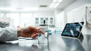 Teknisi PDAM mengkalibrasi alat ukur konduktivitas air di laboratorium, dengan gelas kimia dan tablet data sebagai pendukung monitoring.