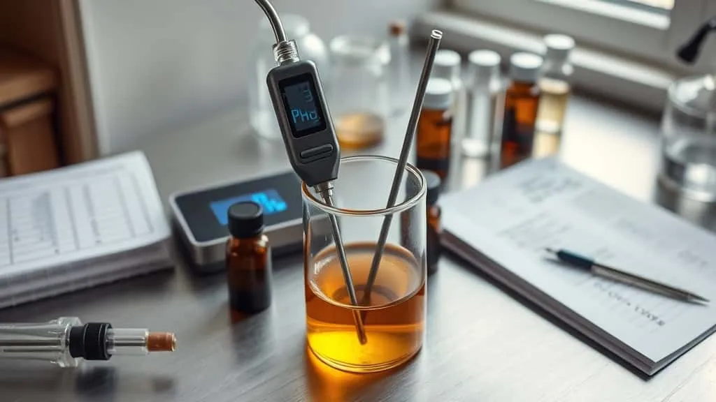 Inspektor mengukur pH dan suhu tanki stainless steel proses macerasi parfum untuk jaminan kontrol kualitas QC konsisten.