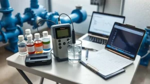 Operator PDAM memeriksa konduktivitas air di jaringan distribusi dengan alat ukur handheld, memastikan hasil sampling akurat dan menghindari false alarm.