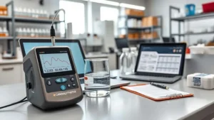 Konduktivitas meter di laboratorium pengujian pabrik kemasan dengan laptop dan dokumen audit FSSC/ISO