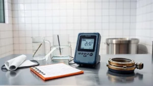Pengukuran konduktivitas air di laboratorium industri dengan meteran genggam dan gelas kimia untuk kualitas deposit dan seal kemasan.