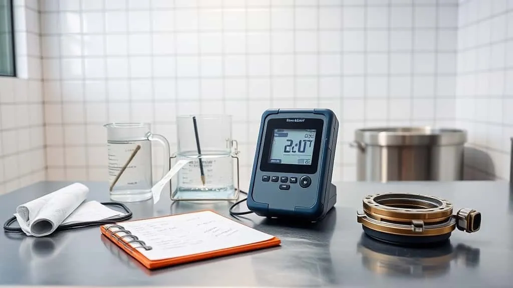 Pengukuran konduktivitas air di laboratorium industri dengan meteran genggam dan gelas kimia untuk kualitas deposit dan seal kemasan.