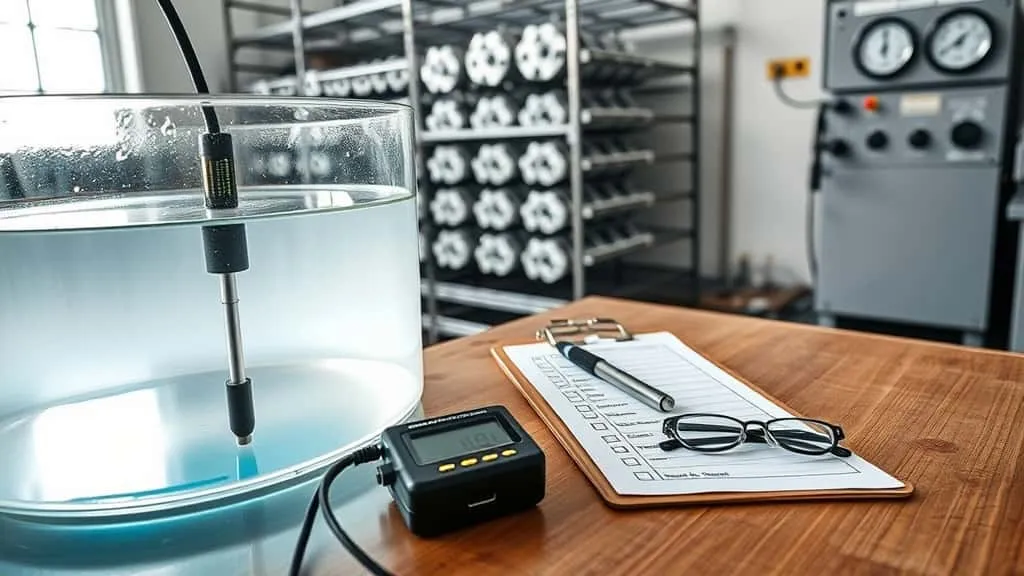 Teknisi memeriksa temperatur alat ukur suhu larutan anodizing sesuai checklist prosedur validasi berstandar BSN/ISO.