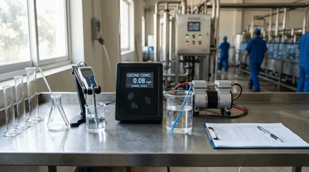 Alat analisa ozon digital memeriksa kadar ozon air baku di stasiun uji industri AMDK.