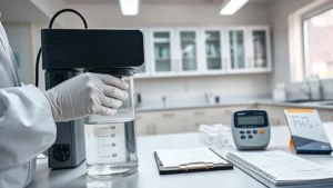 Laboratory technician uses portable spectrophotometer and pH meter to analyze lateritic nickel mine wastewater for COD, TSS, and heavy metal content.