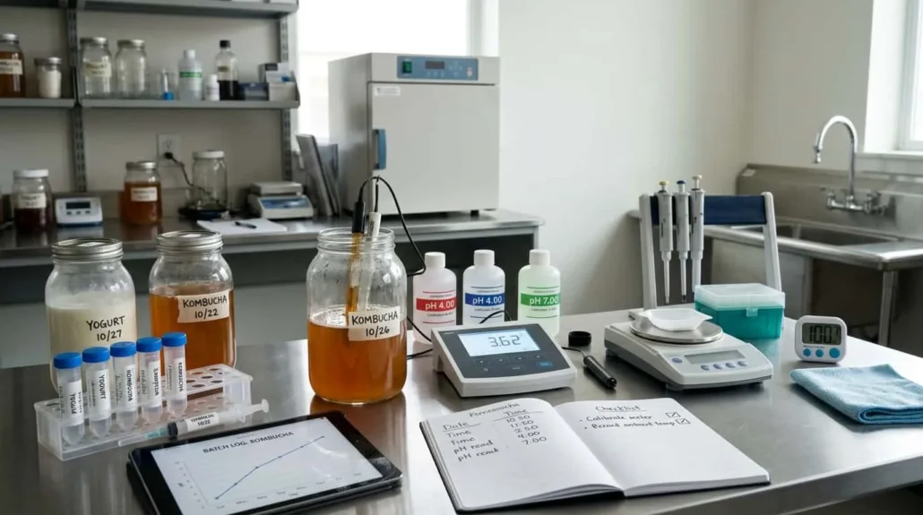 Teknisi mengukur pH pada wadah fermentasi yoghurt dan kombucha, menekankan kontrol pH untuk optimalkan produksi