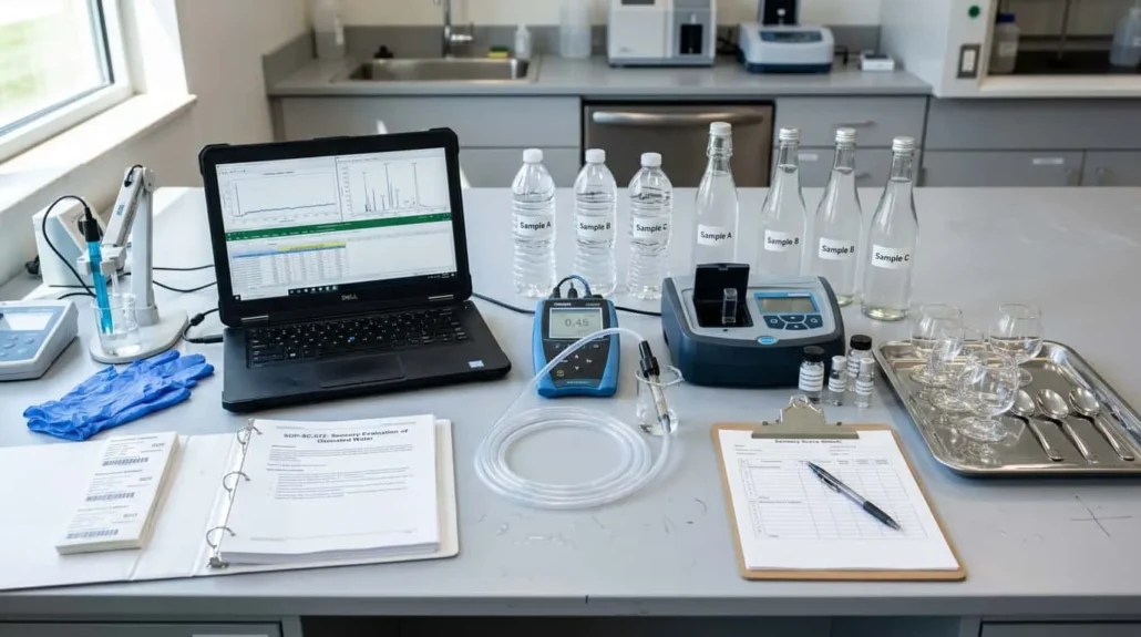 Botol AMDK di lab, teknisi memegang alat deteksi ozon, menggambarkan over-ozonasi dan dampak sensoris: rasa pahit, bau logam