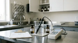 Pengukuran kadar ozon air minum kemasan sesuai SNI dengan meter digital di laboratorium uji.