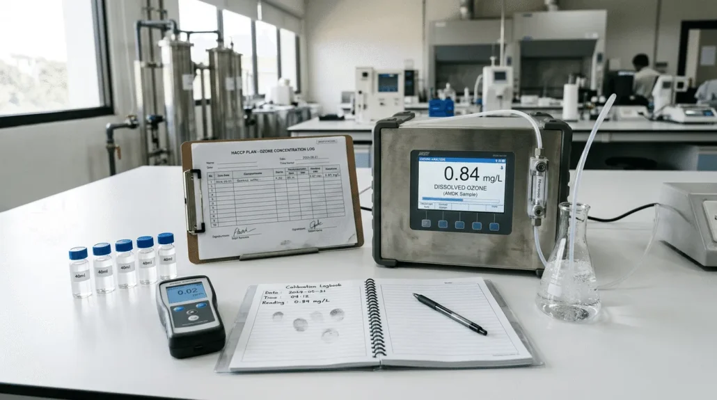 Precision ozone analyzer measuring dissolved ozone in AMDK for HACCP and Halal certification in lab.