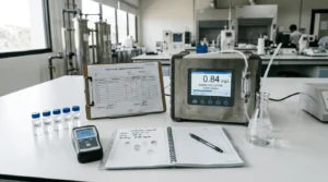 Precision ozone analyzer measuring dissolved ozone in AMDK for HACCP and Halal certification in lab.